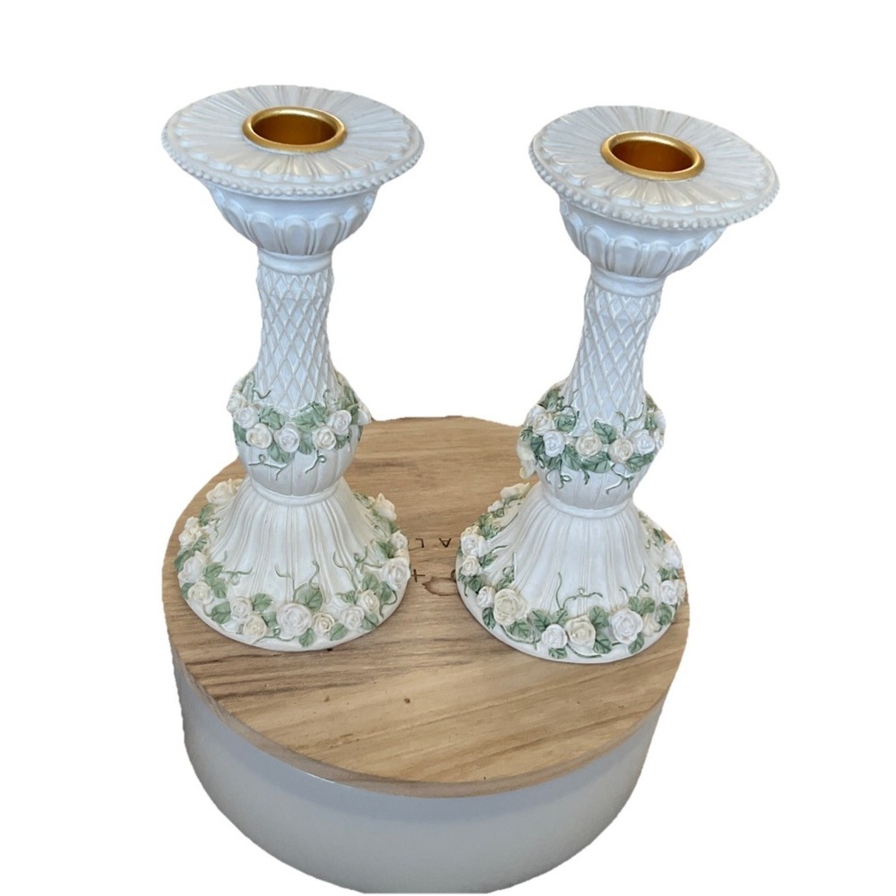 Lillian Rose Candle Holders Floral Rose Garden Hand Painted  Pair